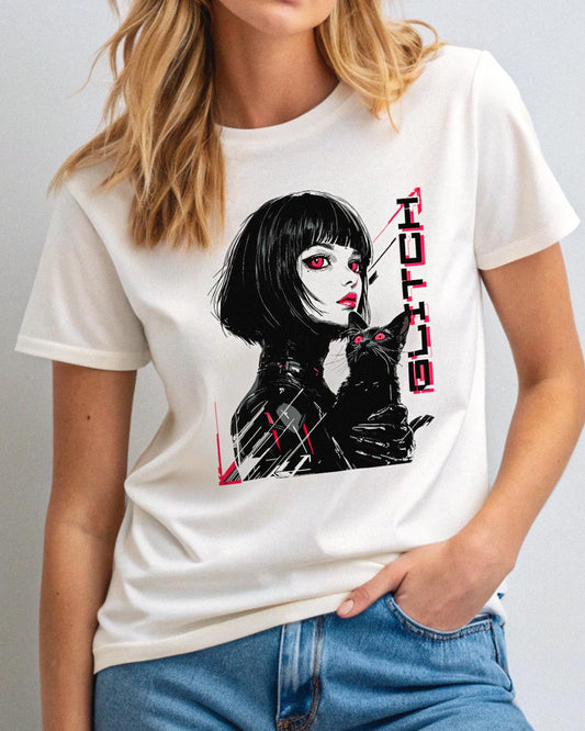 Glitch Cyber Girl and Cat T-Shirt